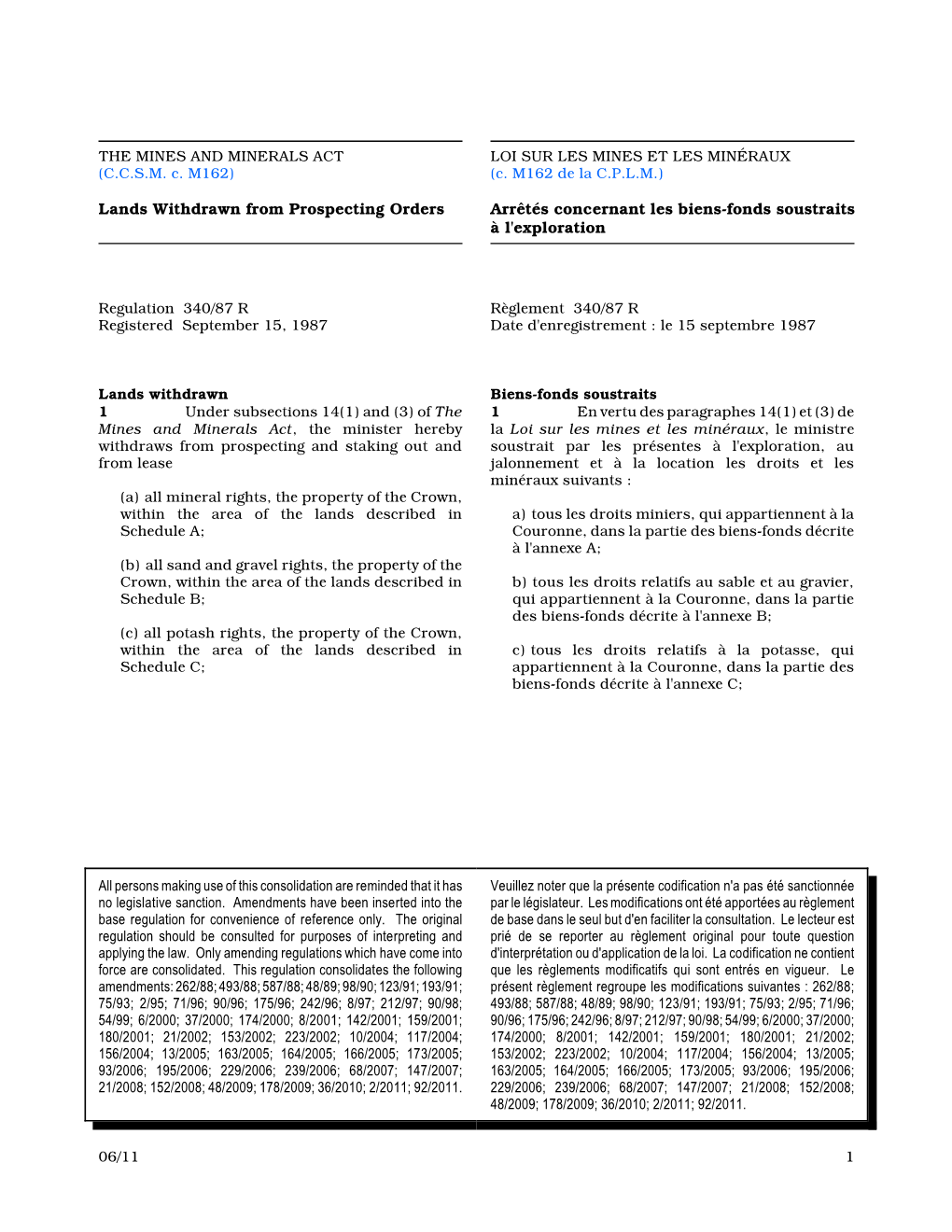 Lands Withdrawn from Prospecting Orders, M.R. 340/87 R