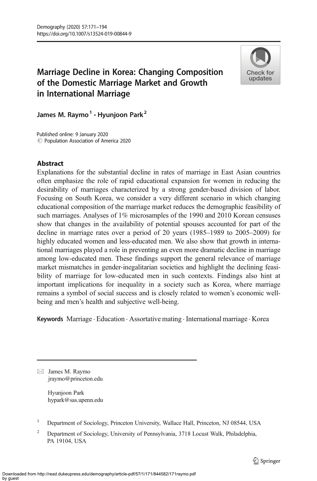 Marriage Decline in Korea: Changing Composition of the Domestic Marriage Market and Growth in International Marriage