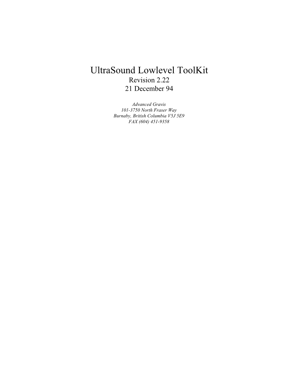 Ultrasound Lowlevel Toolkit Revision 2.22 21 December 94