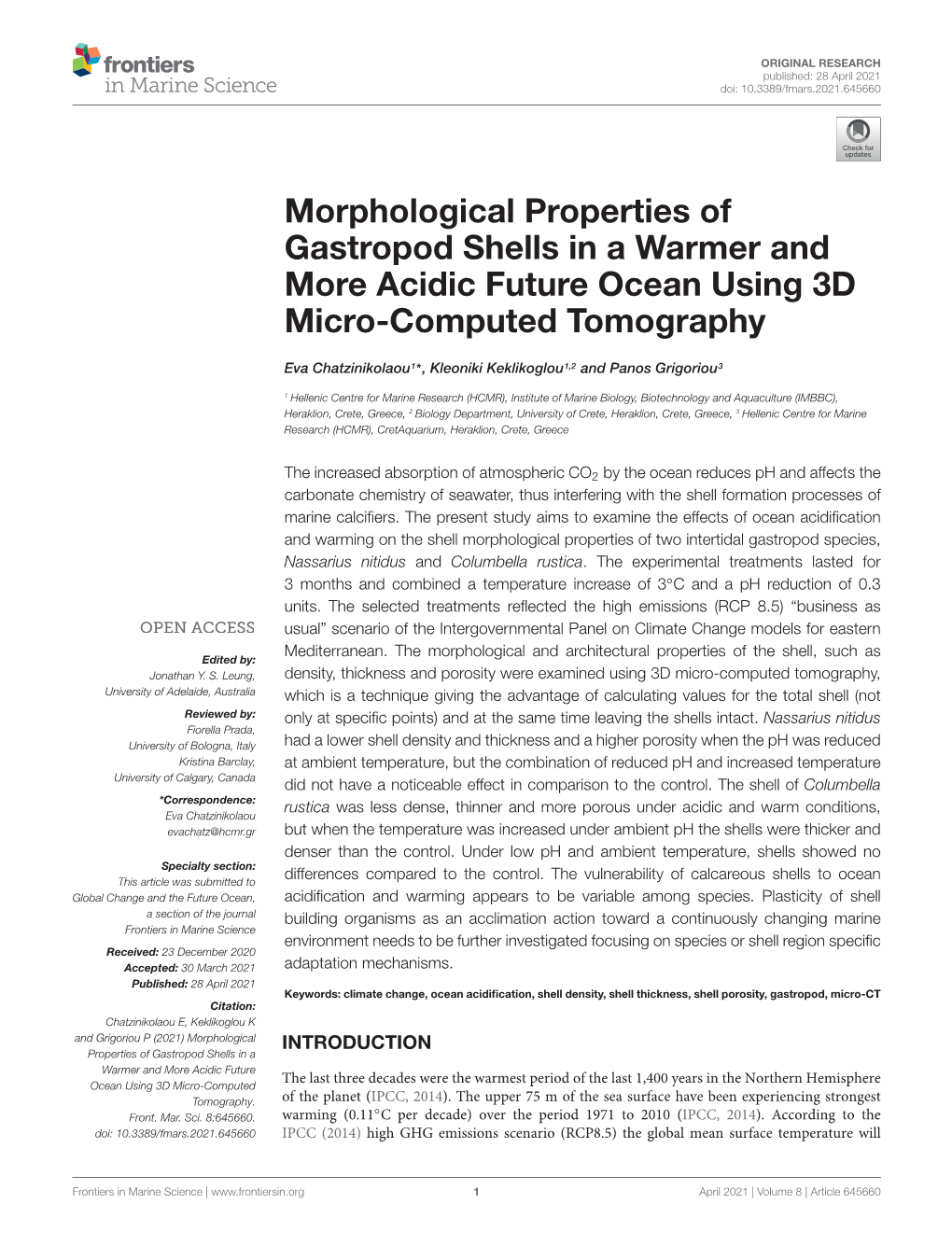 Morphological Properties of Gastropod Shells in a Warmer and More Acidic Future Ocean Using 3D Micro-Computed Tomography