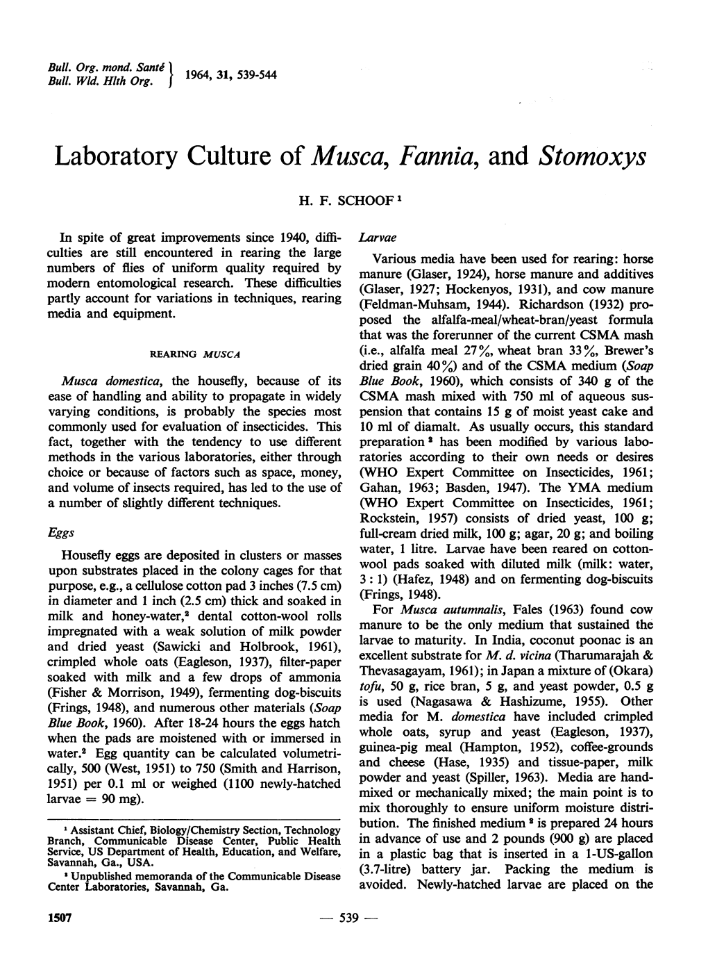 Laboratory Culture of Musca, Fannia, and Stomoxys