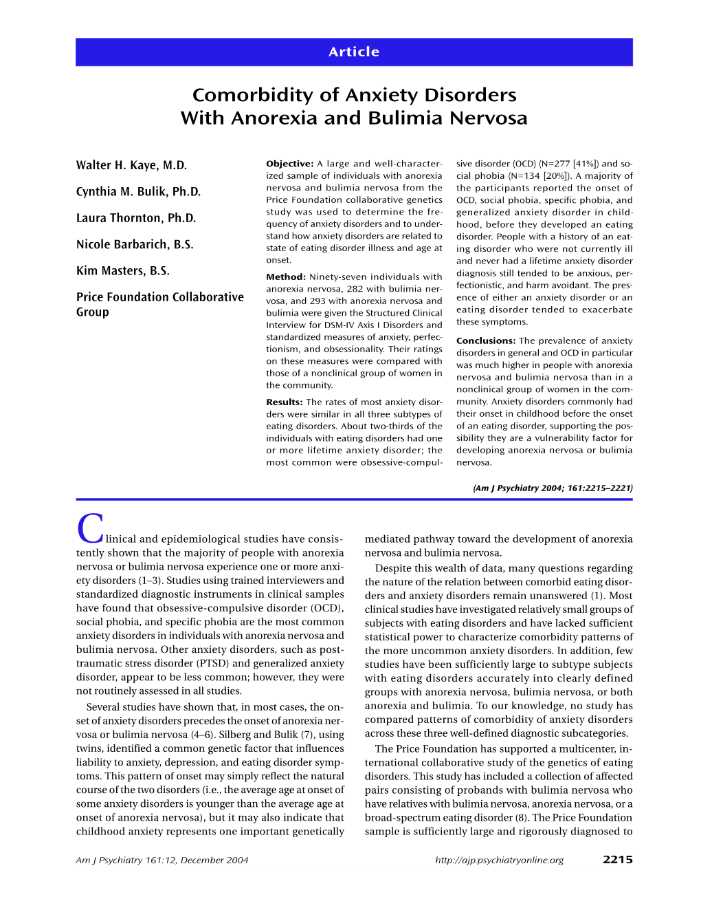 Comorbidity of Anxiety Disorders with Anorexia and Bulimia Nervosa