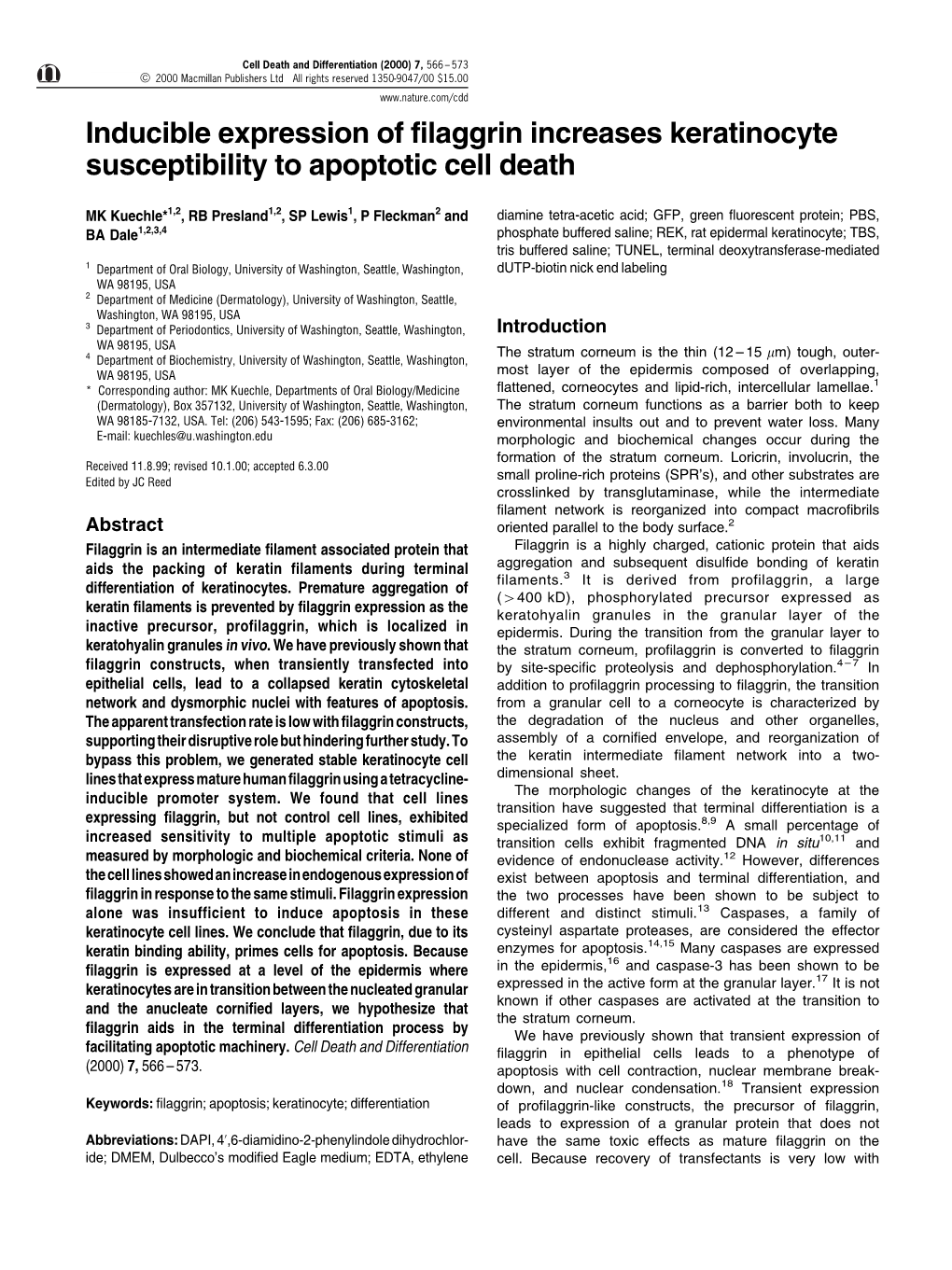 Inducible Expression of Filaggrin Increases Keratinocyte Susceptibility to Apoptotic Cell Death