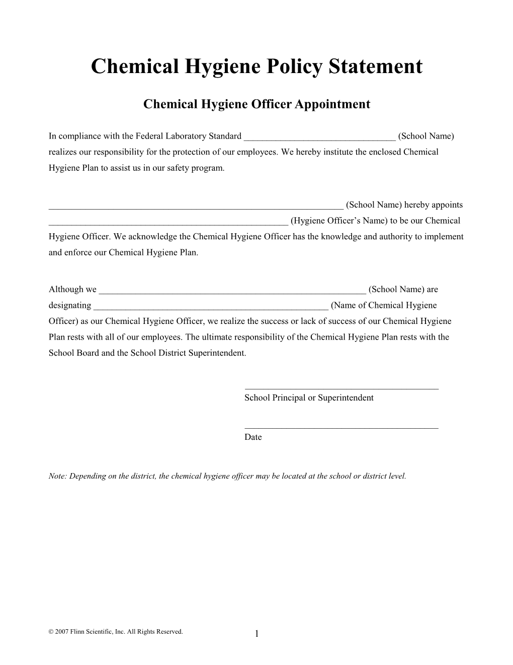 Chemical Hygiene Policy Statement