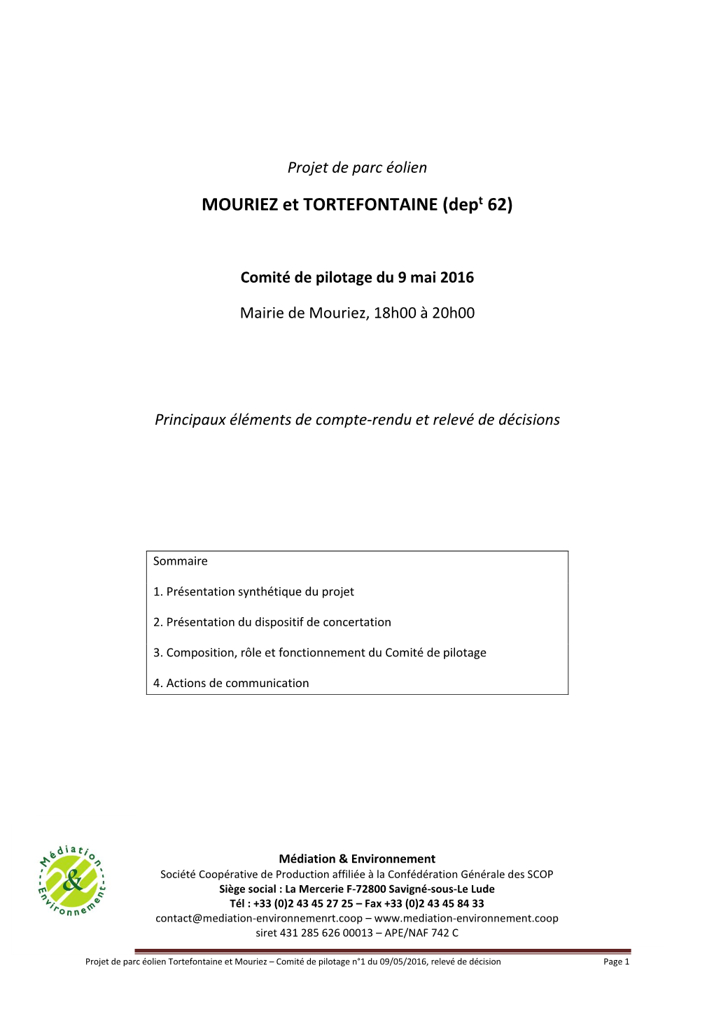 Compte Rendu Du Premier Comité De Pilotage Du 09 Mai 2016