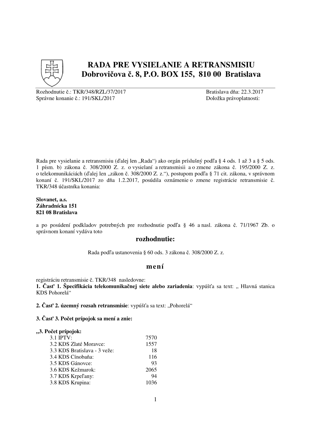 TKR/348/RZL/37/2017 Bratislava D Ňa: 22.3.2017 Správne Konanie Č.: 191/SKL/2017 Doložka Právoplatnosti