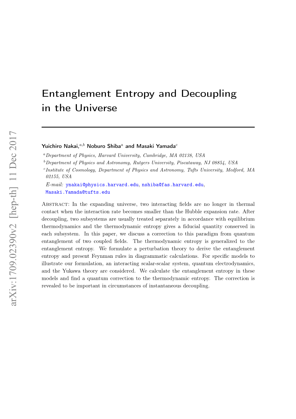 Entanglement Entropy and Decoupling in the Universe