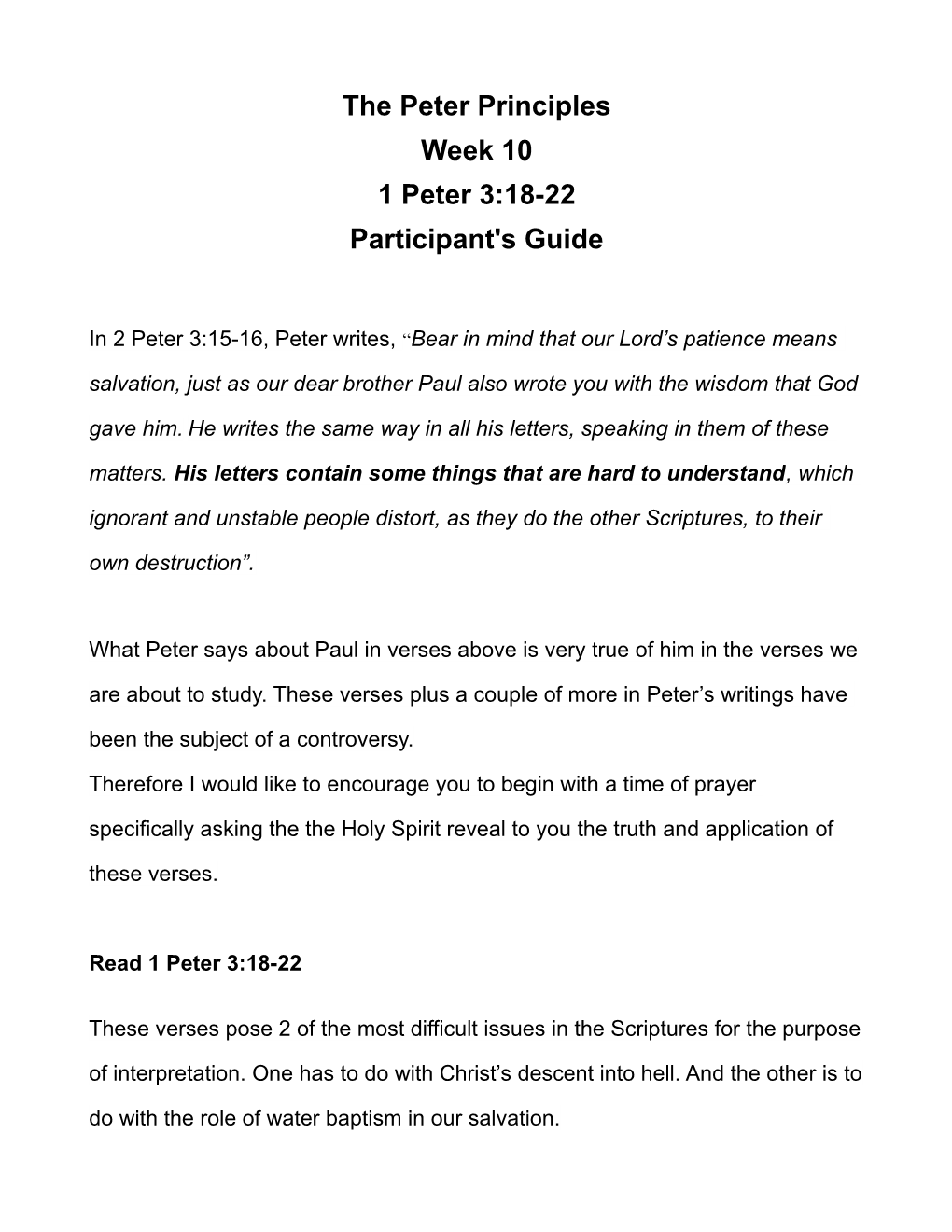 The Peter Principles Week 10 1 Peter 3:18-22 Participant's Guide