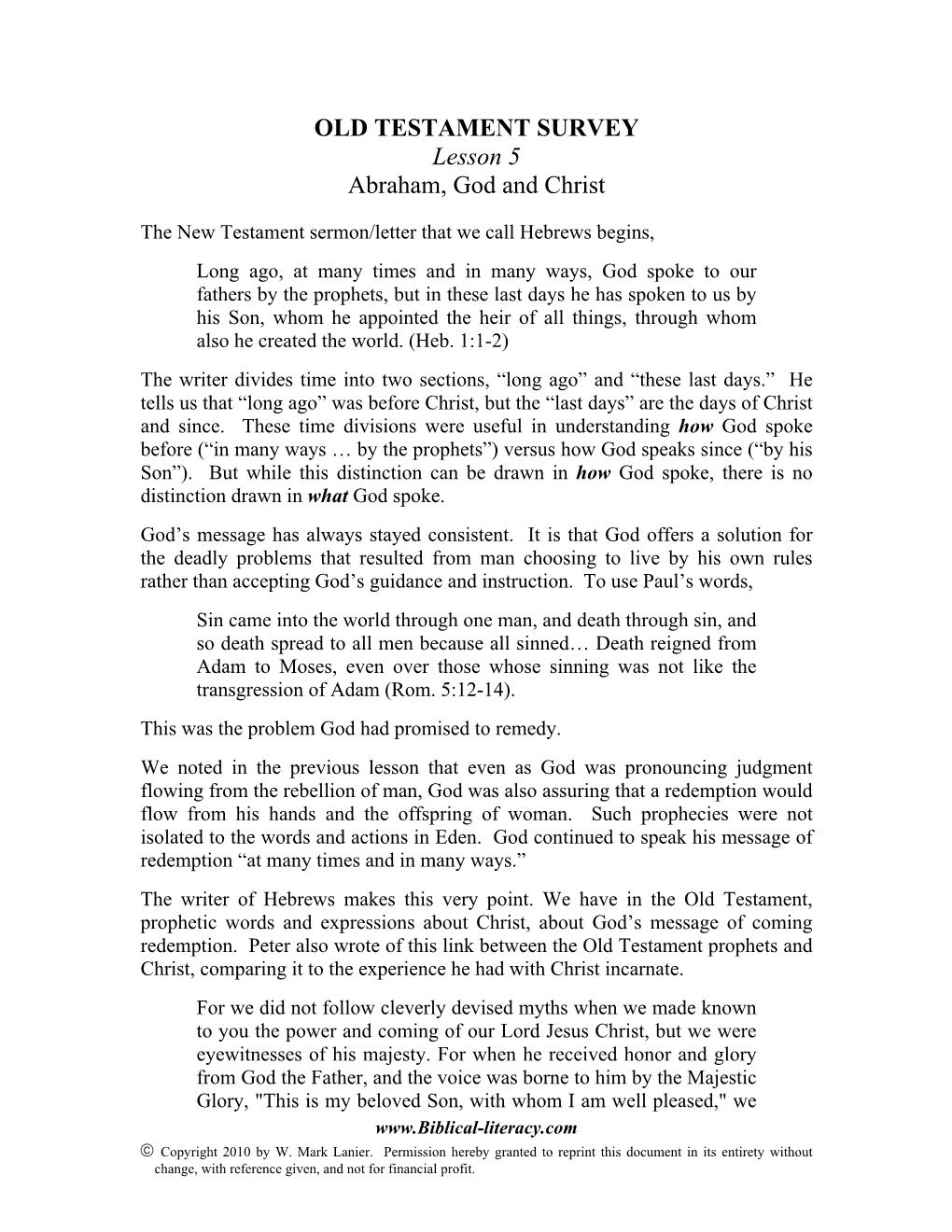 OLD TESTAMENT SURVEY Lesson 5 Abraham, God and Christ