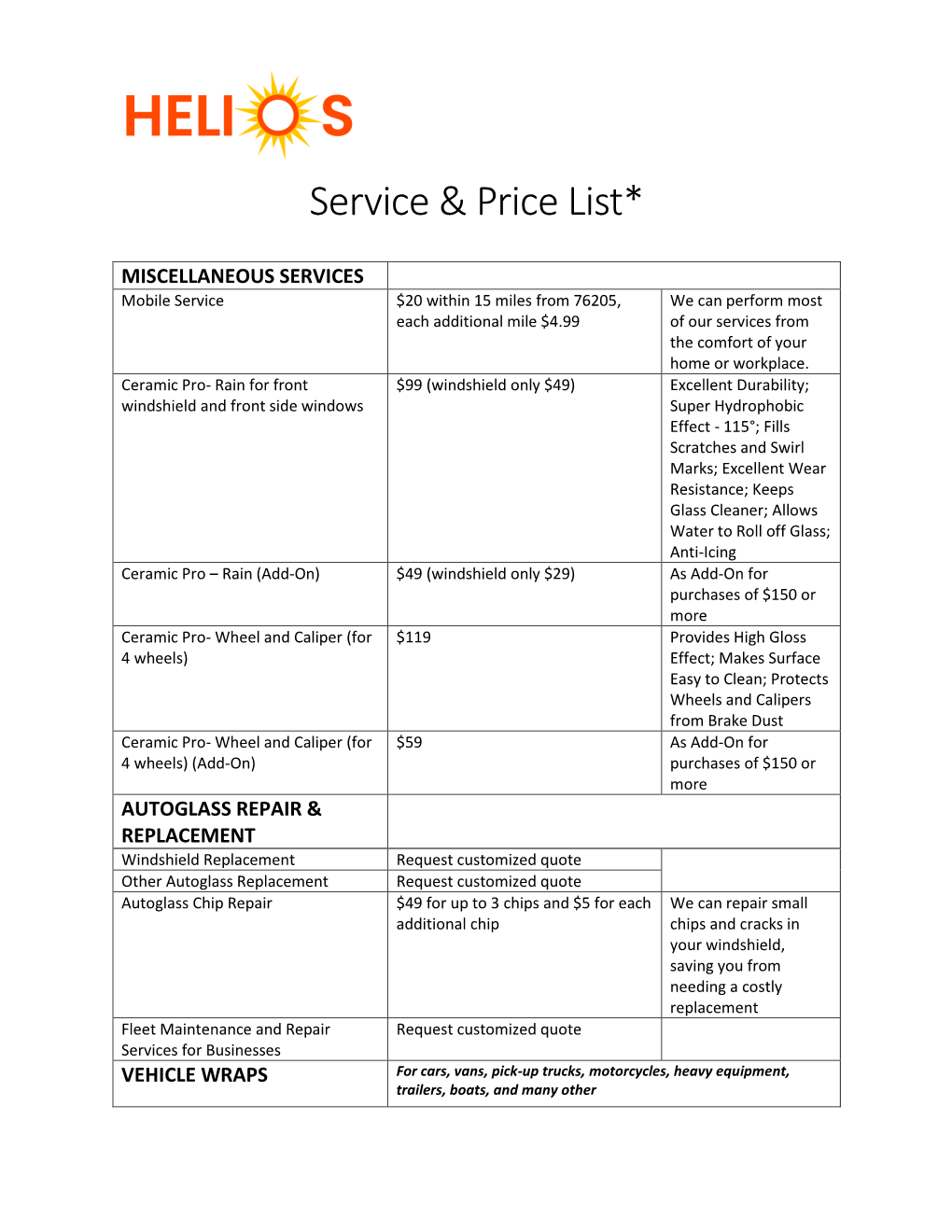 Service & Price List*