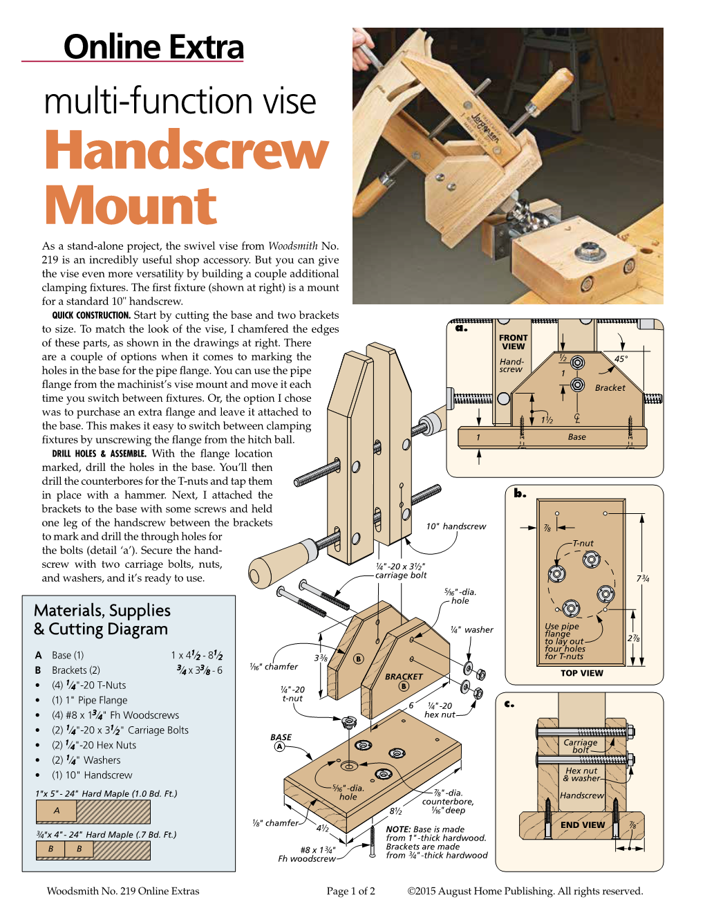 Handscrew Mount As a Stand-Alone Project, the Swivel Vise from Woodsmith No