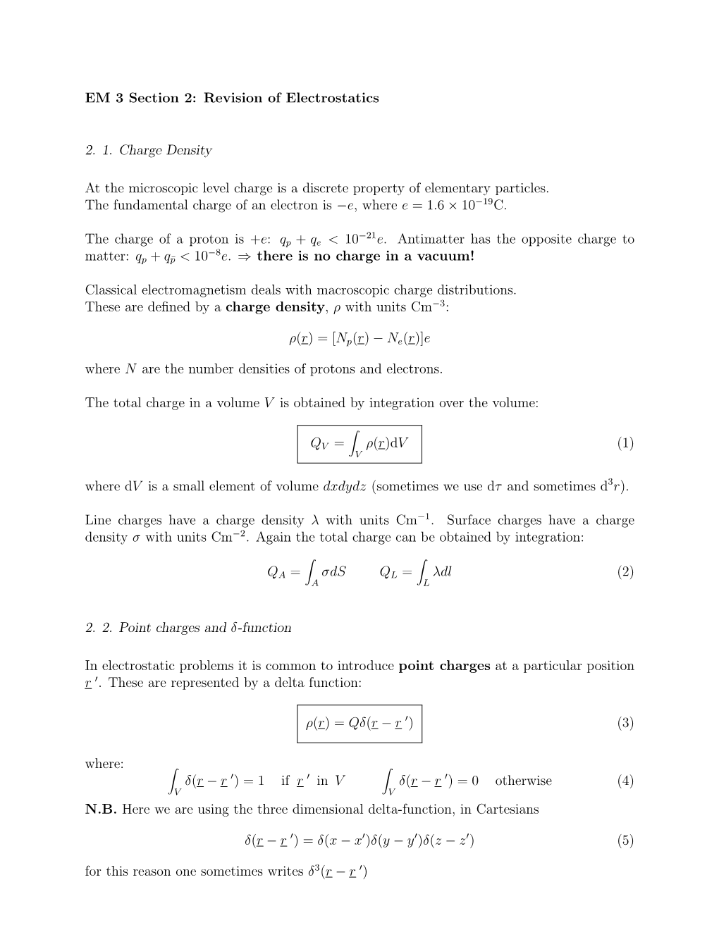 Revision of Electrostatics 2. 1. Charge Density at the Microscopic Level