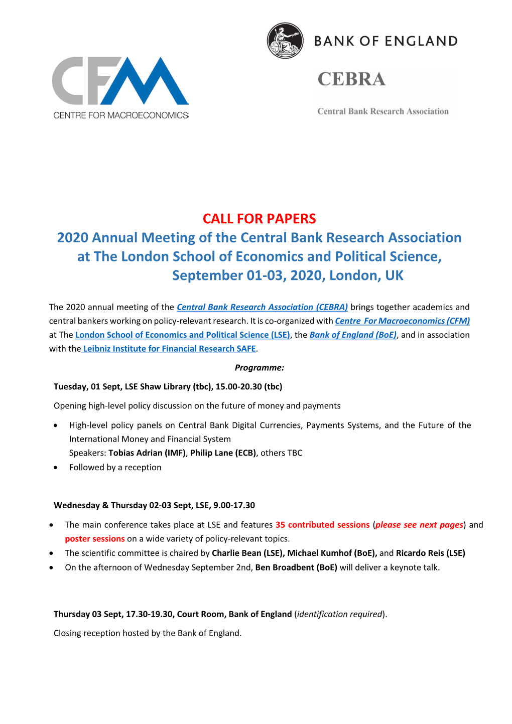 2020 Annual Meeting of the Central Bank Research Association at the London School of Economics and Political Science, September 01-03, 2020, London, UK