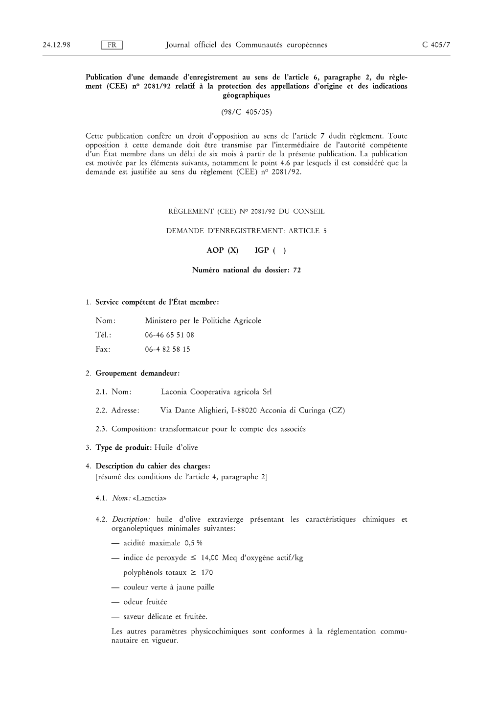 No 2081/92 Relatif { La Protection Des Appellations D’Origine Et Des Indications G~Ographiques