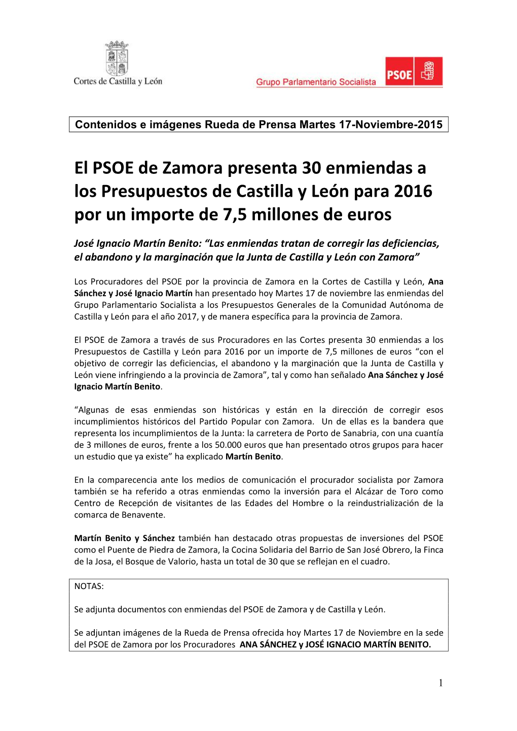 El PSOE De Zamora Presenta 30 Enmiendas a Los Presupuestos De Castilla Y León Para 2016 Por Un Importe De 7,5 Millones De Euros