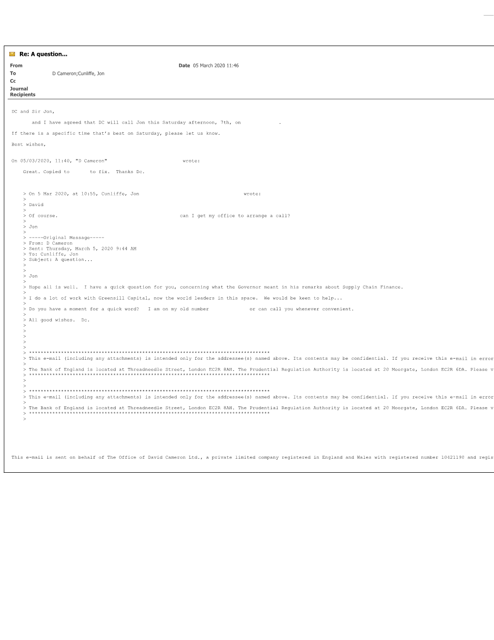 Communications Between David Cameron and Senior Bank Officials About Greensill Capital and the Covid Corporate Financing Facilit