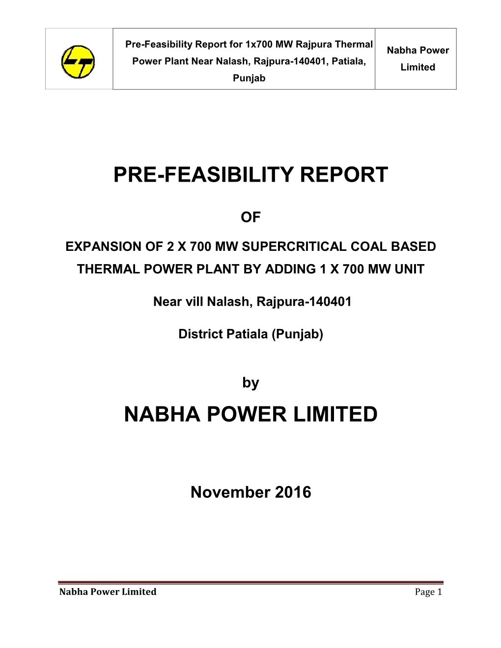 Pre-Feasibility Report Nabha Power Limited