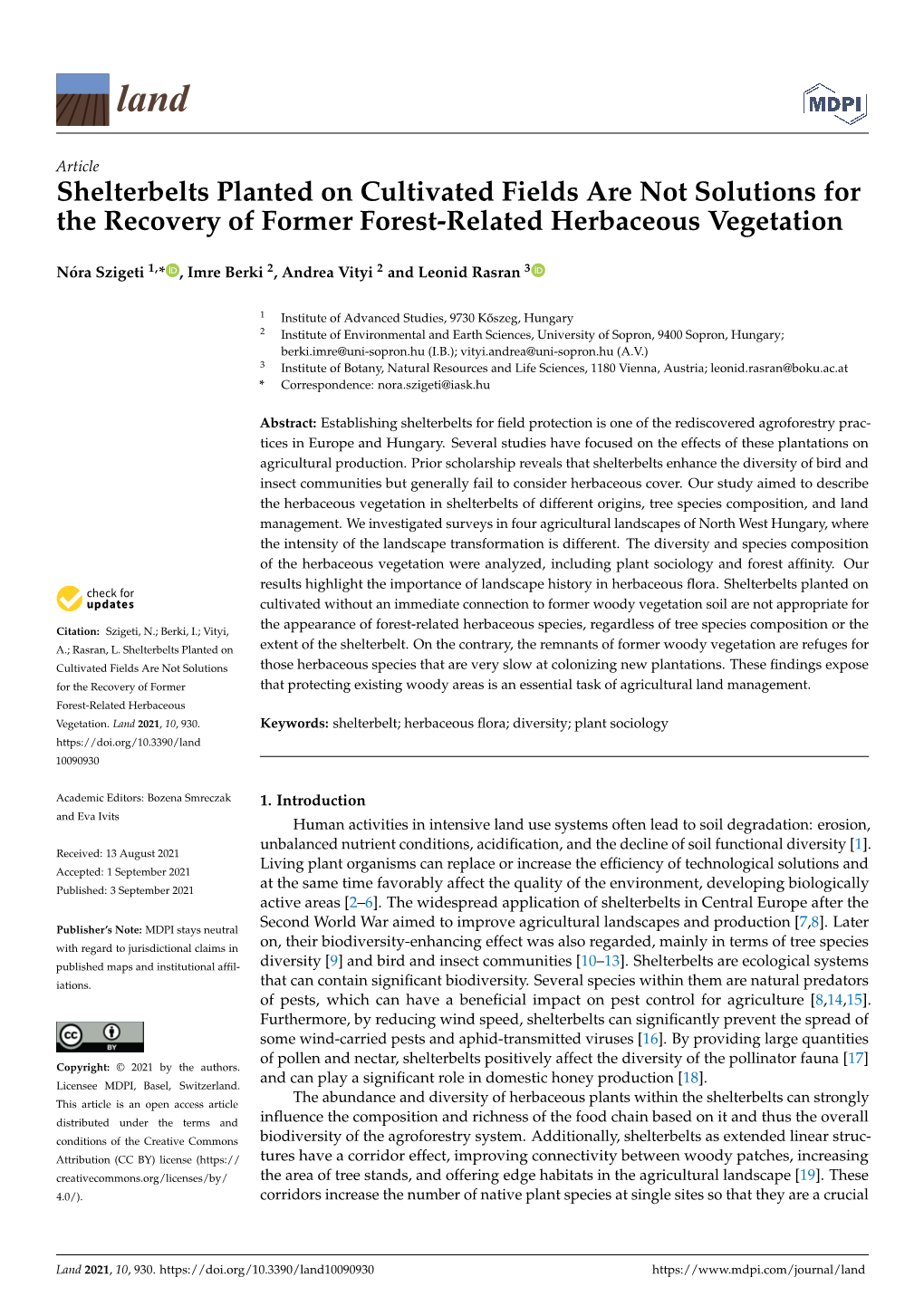 Shelterbelts Planted on Cultivated Fields Are Not Solutions for the Recovery of Former Forest-Related Herbaceous Vegetation