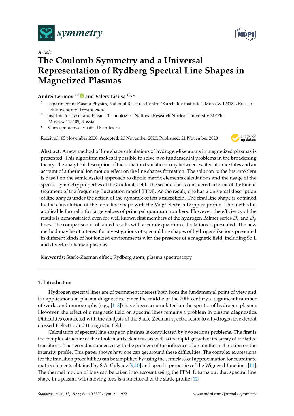 The Coulomb Symmetry and a Universal Representation of Rydberg Spectral Line Shapes in Magnetized Plasmas