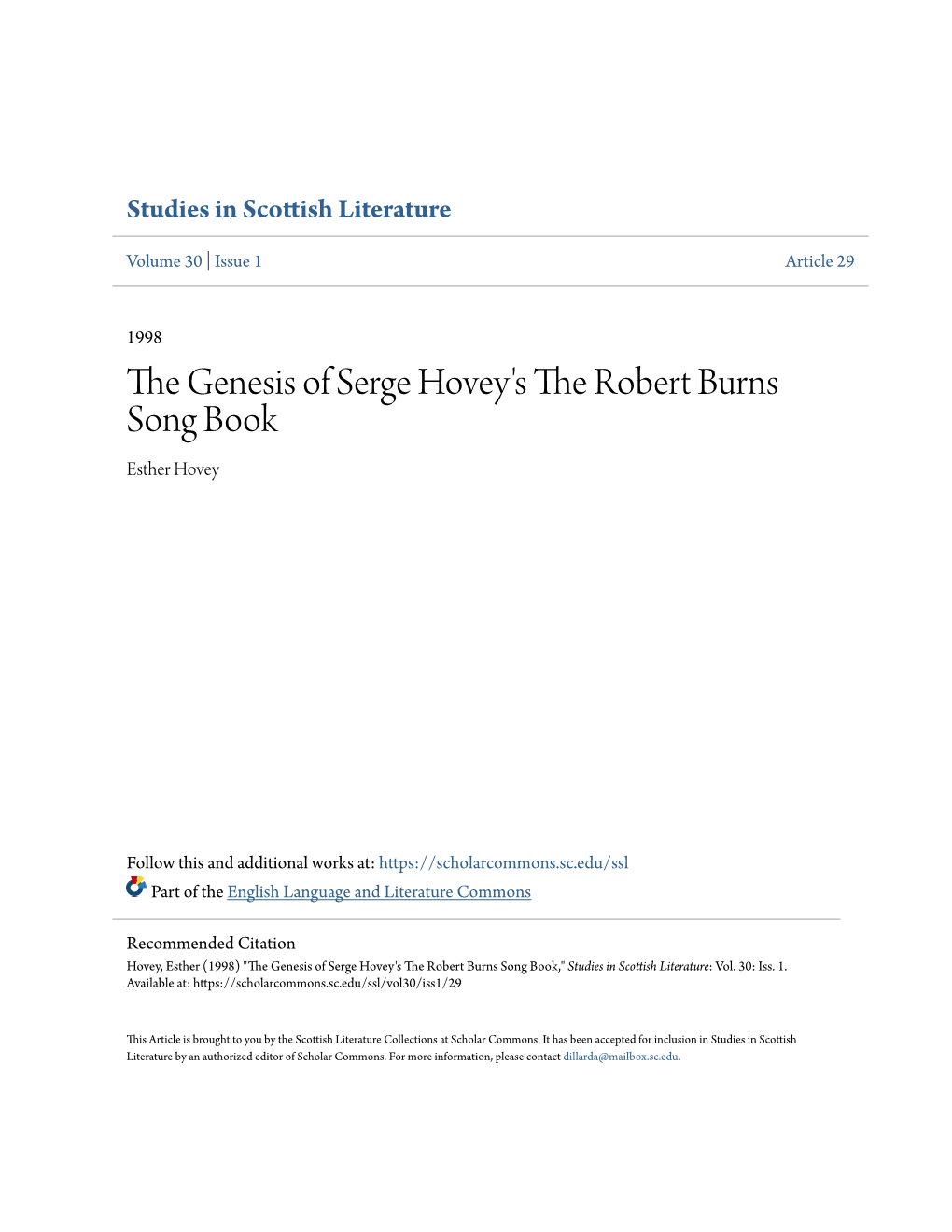 The Genesis of Serge Hovey's the Robert Burns Song Book Esther Hovey