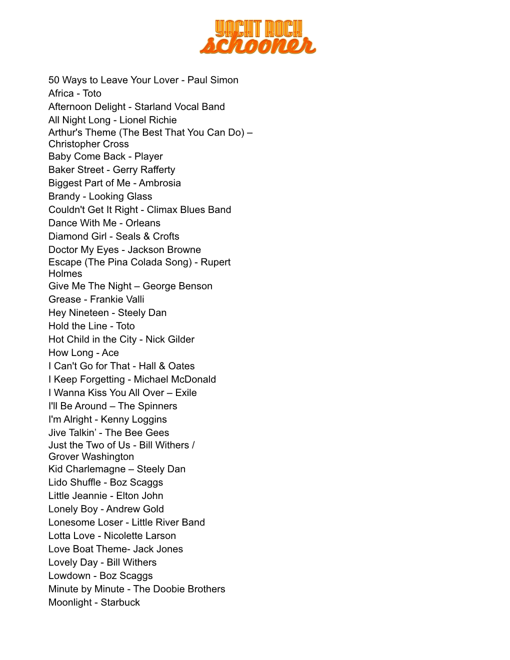 Yacht Rock Schooner – Song List.Docx.Docx