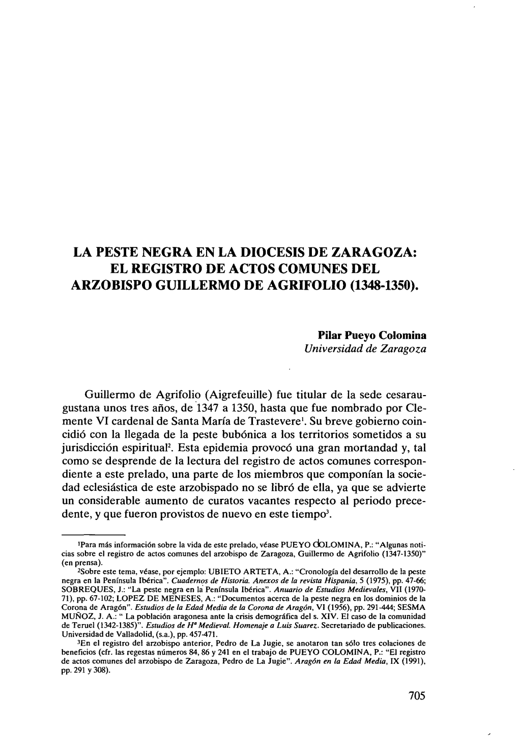 La Peste Negra En La Diocesis De Zaragoza: El Registro De Actos Comunes Del Arzobispo Guillermo De Agrifolio (1348-1350)