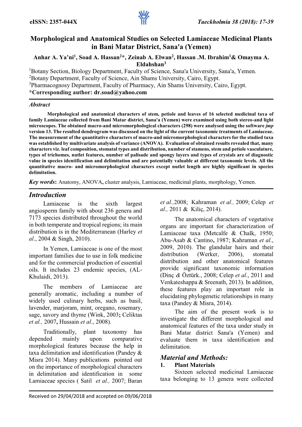 Morphological and Anatomical Studies on Selected Lamiaceae Medicinal Plants in Bani Matar District, Sana'a (Yemen) Anhar A