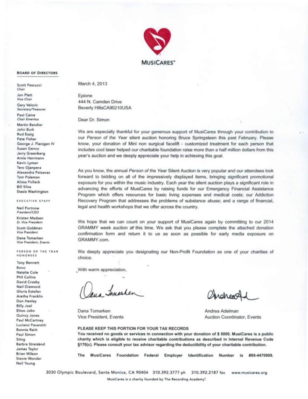 MUSICARES Thank You Letter