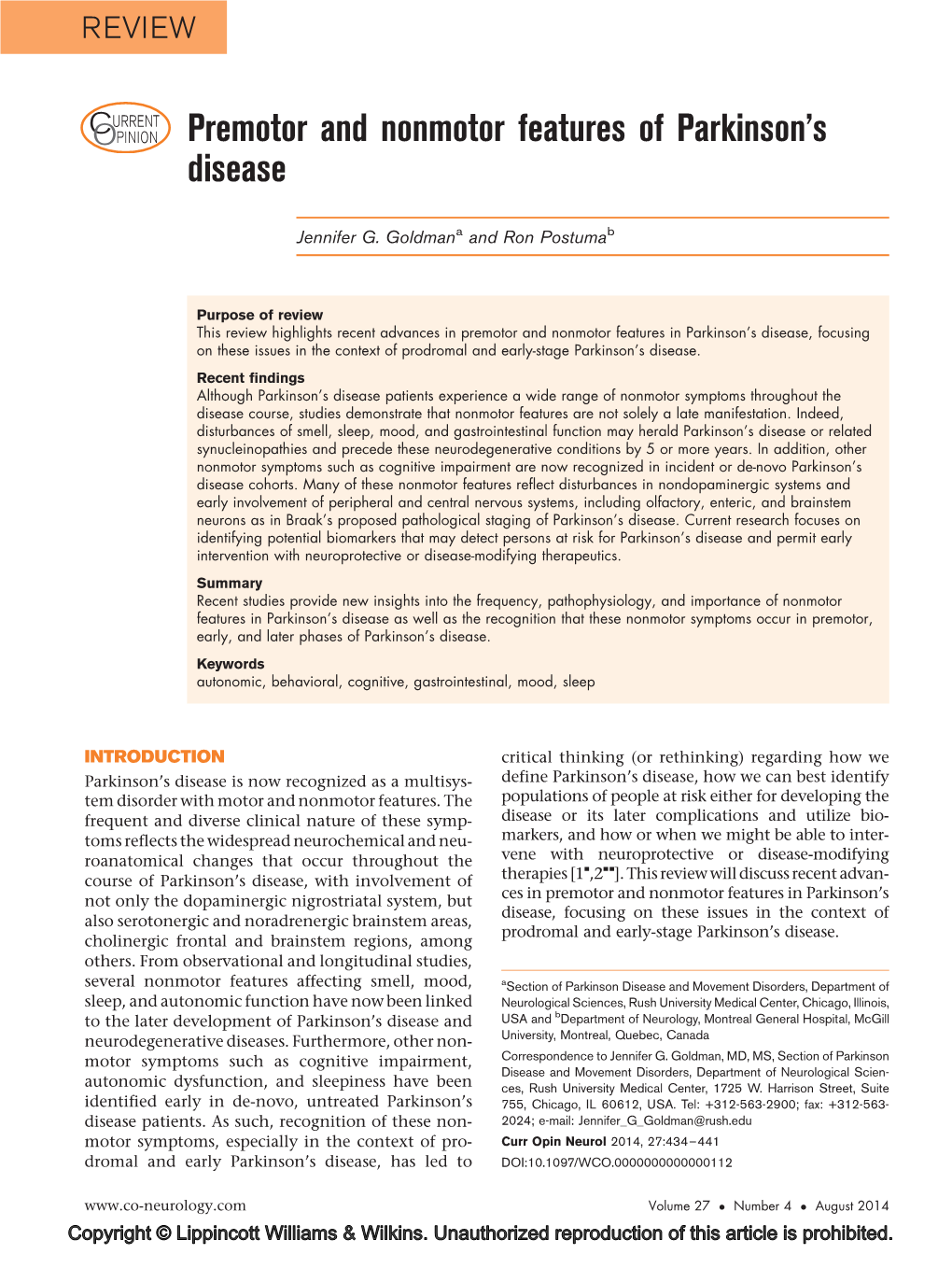 Premotor and Nonmotor Features of Parkinson's Disease