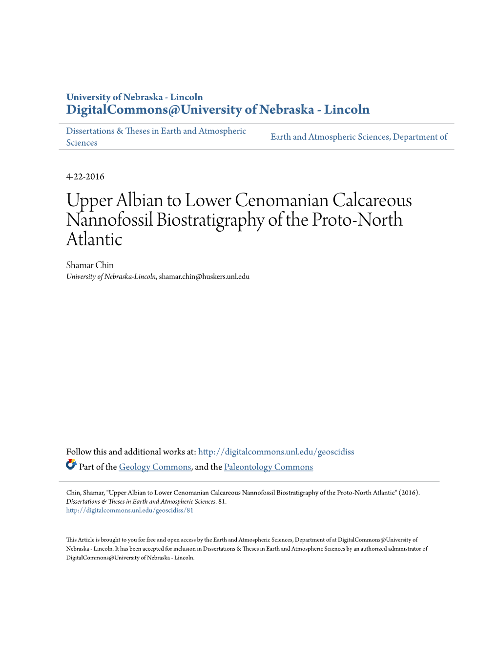 Upper Albian to Lower Cenomanian Calcareous Nannofossil