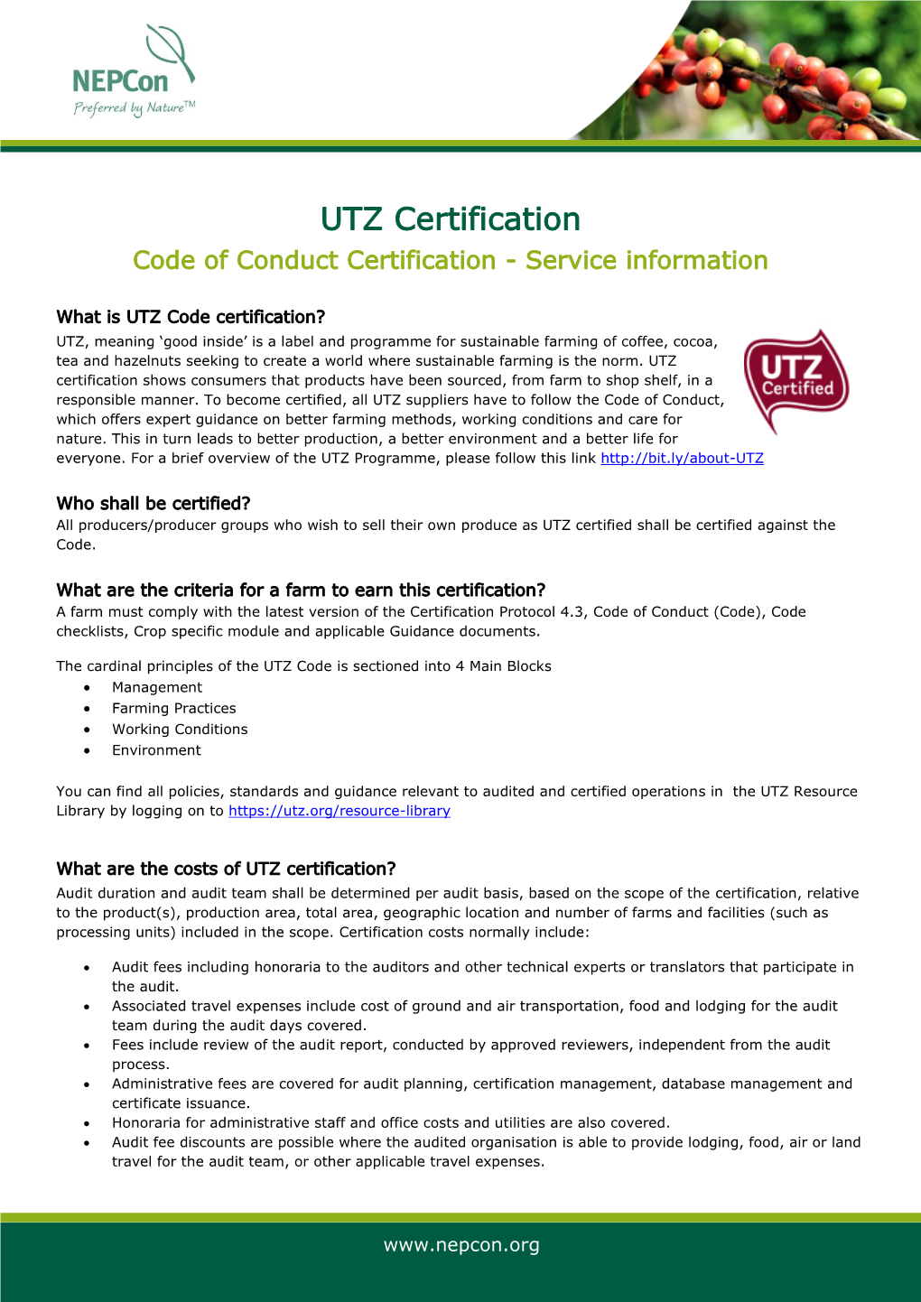 UTZ Certification Code of Conduct Certification - Service Information