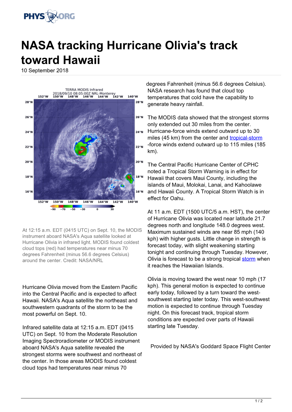 NASA Tracking Hurricane Olivia's Track Toward Hawaii 10 September 2018