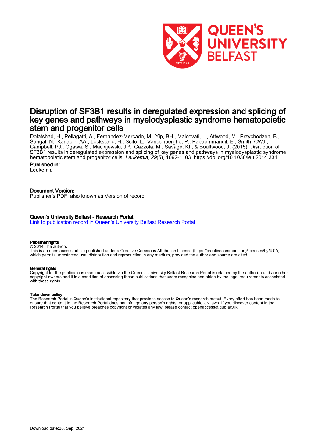 Disruption of SF3B1 Results in Deregulated Expression And