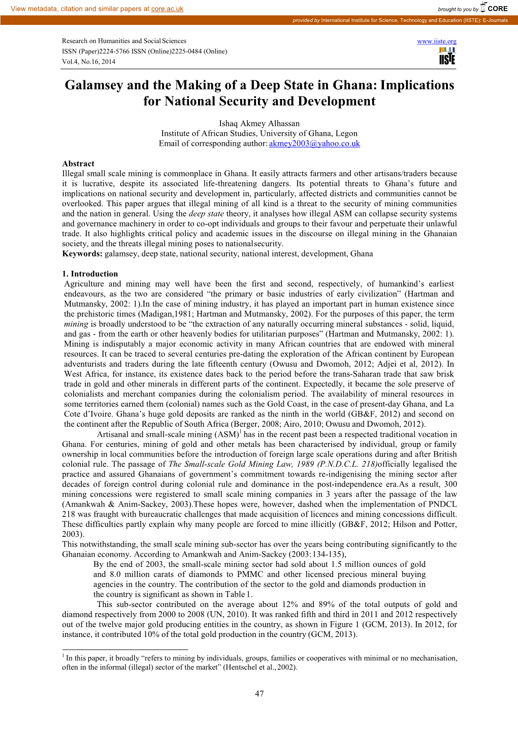 Galamsey and the Making of a Deep State in Ghana: Implications for National Security and Development