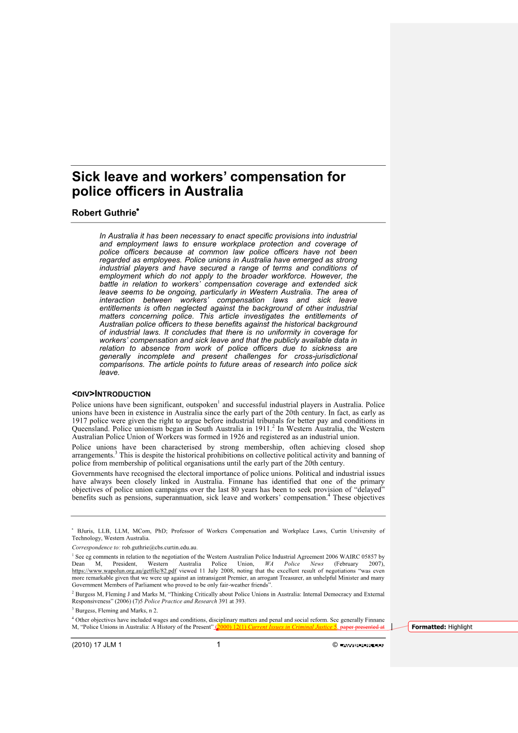 Sick Leave and Workers' Compensation for Police Officers in Australia
