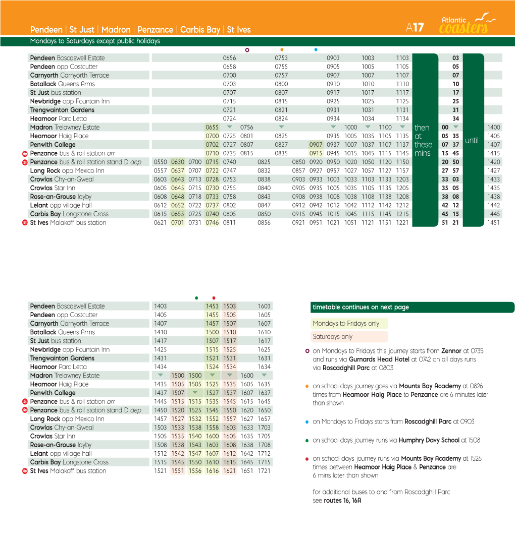 Penzance | Carbis Bay | St Ives A17 Mondays to Saturdays Except Public Holidays