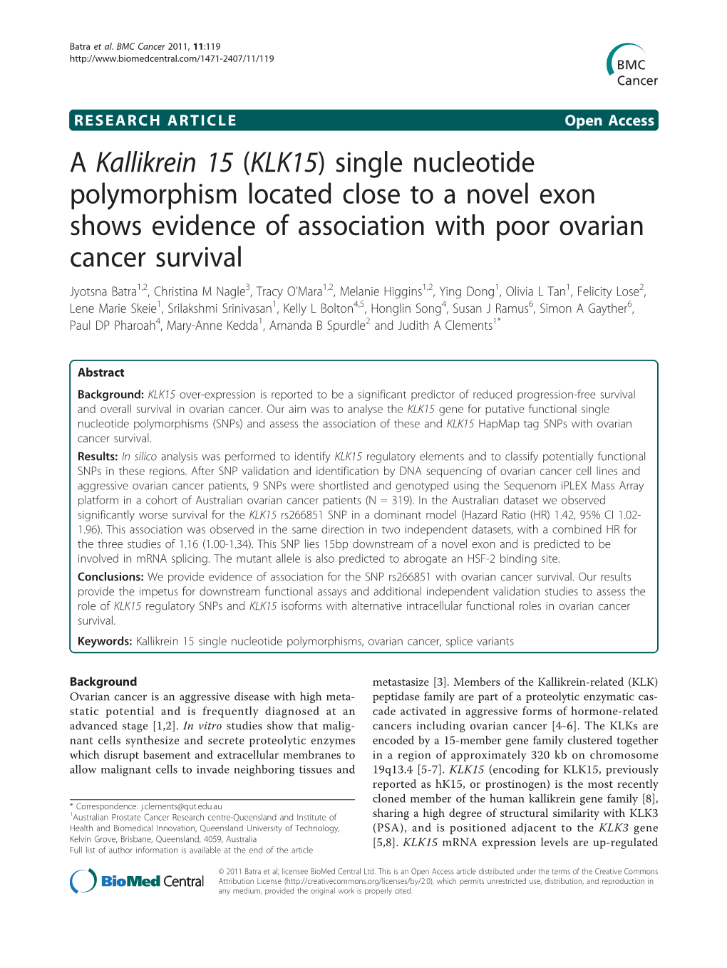 A Kallikrein 15 (KLK15) Single Nucleotide Polymorphism Located