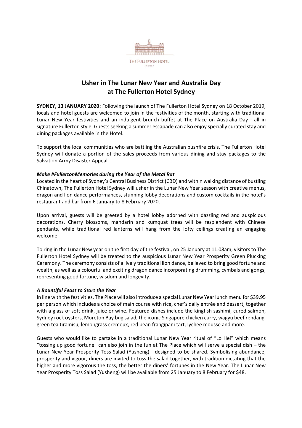 Usher in the Lunar New Year and Australia Day at the Fullerton Hotel Sydney