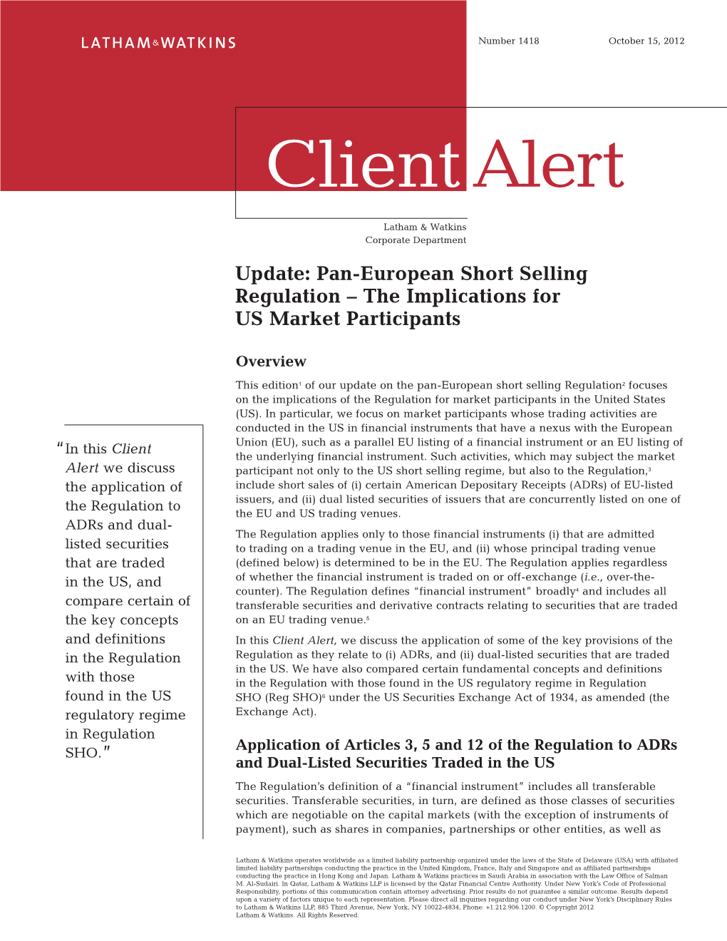 Pan-European Short Selling Regulation – the Implications for US Market Participants
