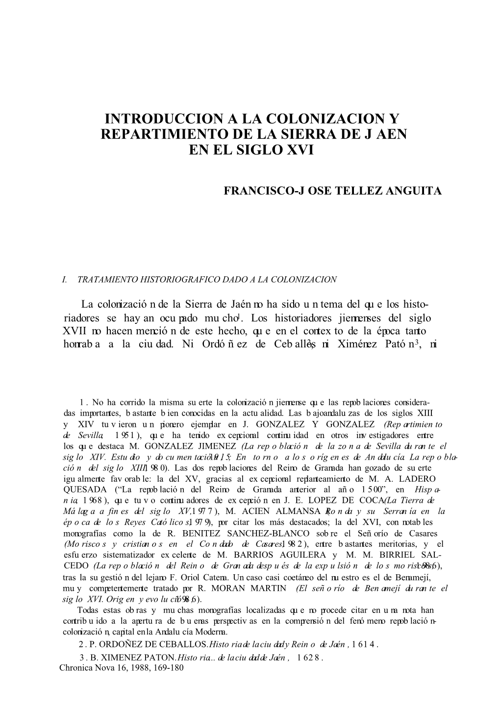 Introduccion a La Colonizacion Y Repartimiento De La Sierra De Jaen En El Siglo Xvi