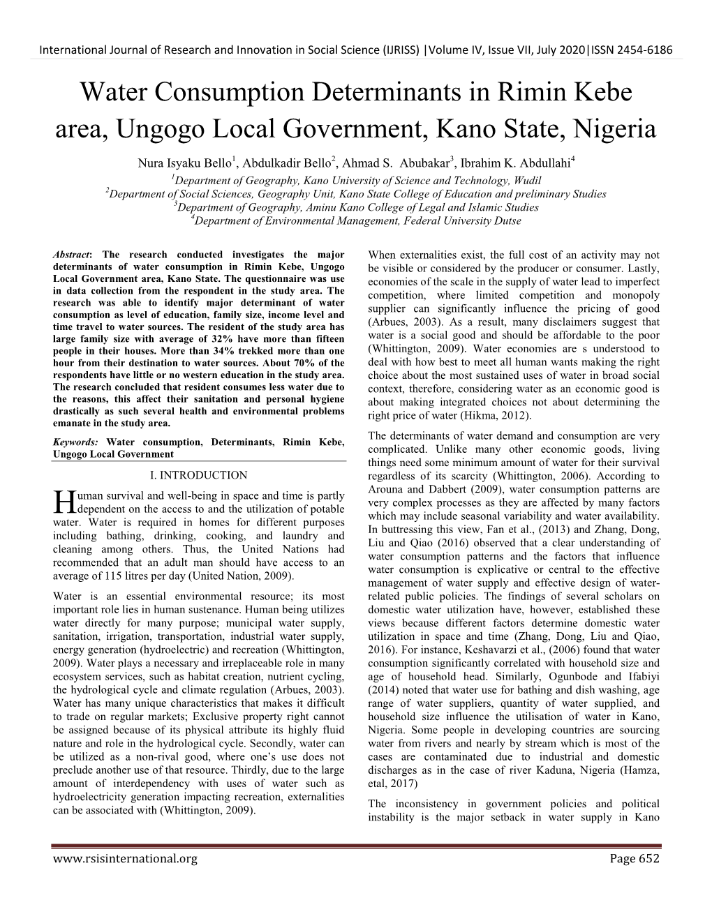 Water Consumption Determinants in Rimin Kebe Area, Ungogo Local Government, Kano State, Nigeria