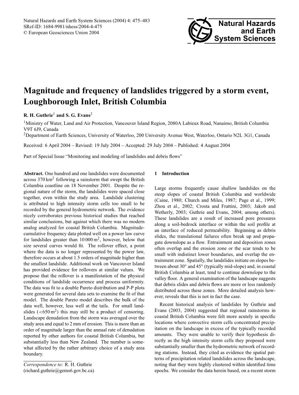 Magnitude and Frequency of Landslides Triggered by a Storm Event, Loughborough Inlet, British Columbia