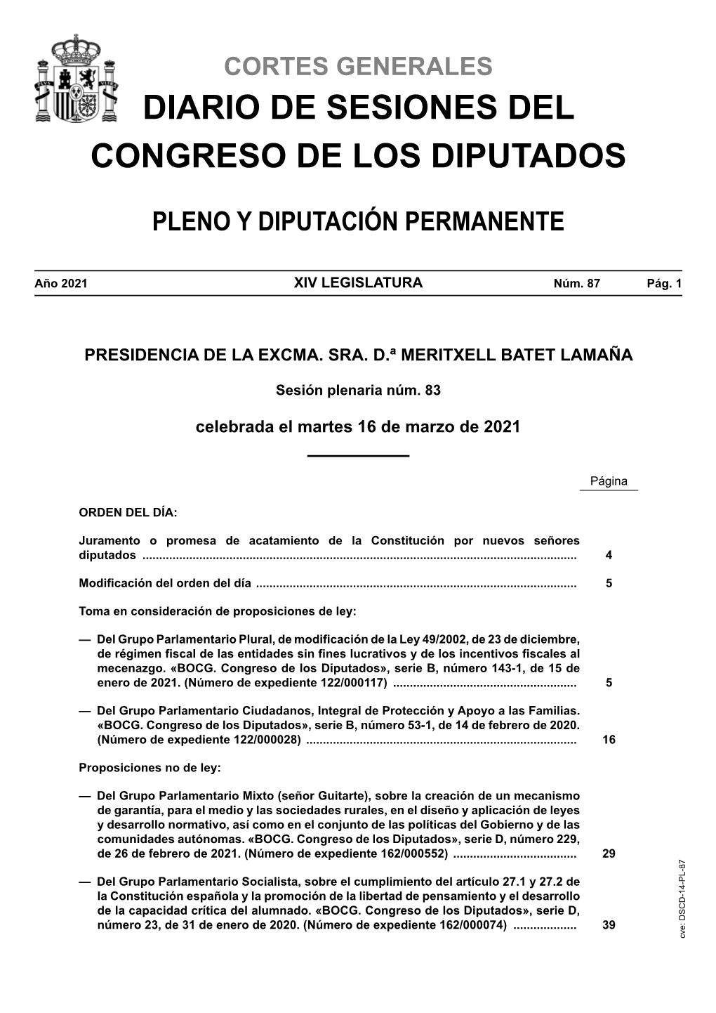 Diario De Sesiones Del Congreso De Los Diputados Pleno Y Diputación Permanente