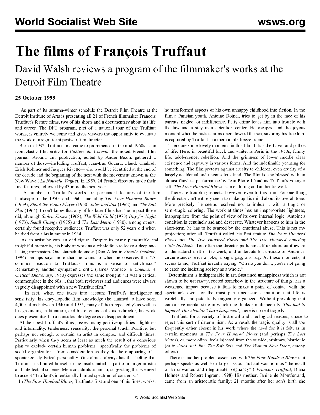 The Films of François Truffaut David Walsh Reviews a Program of the Filmmaker's Works at the Detroit Film Theatre