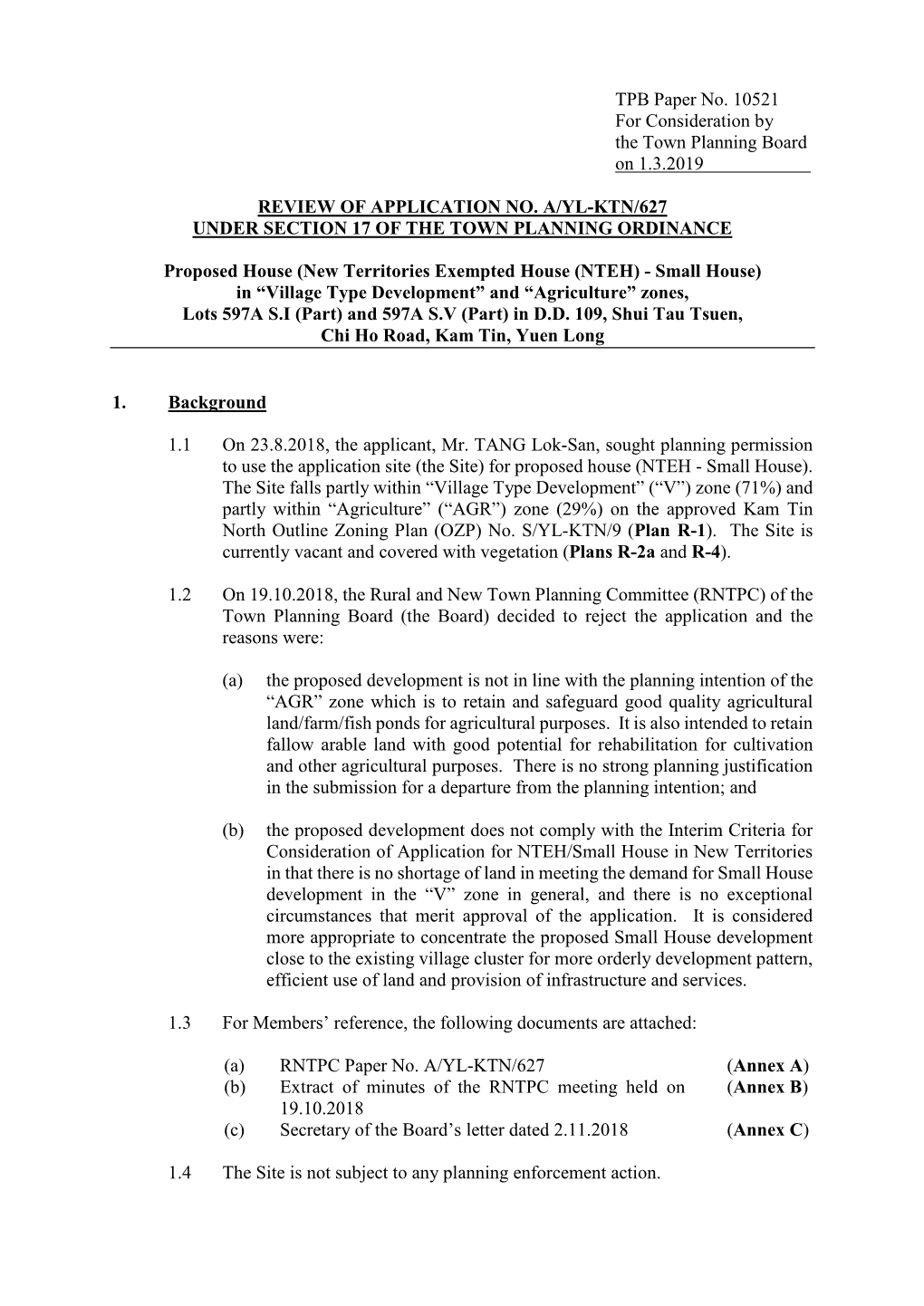 TPB Paper No. 10521 for Consideration by the Town Planning Board on 1.3.2019