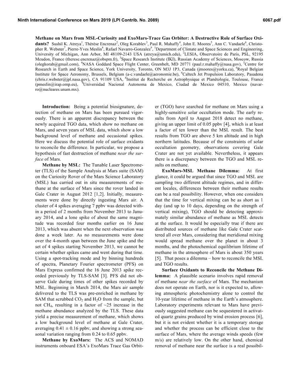 Methane on Mars from MSL-Curiosity and Exomars-Trace Gas Orbiter: a Destructive Role of Surface Oxi- Dants? Sushil K