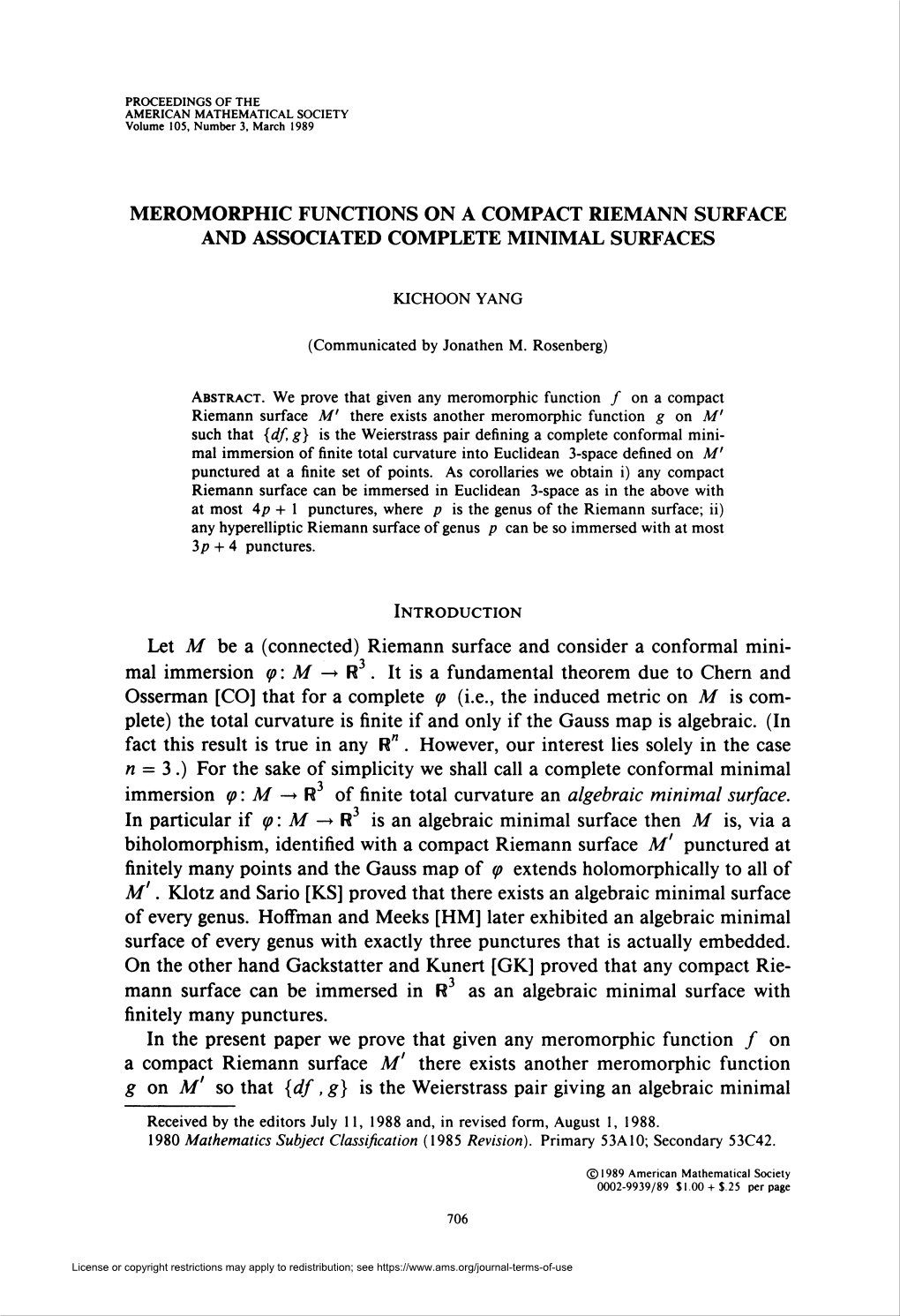 Meromorphic Functions on a Compact Riemann Surface and Associated Complete Minimal Surfaces