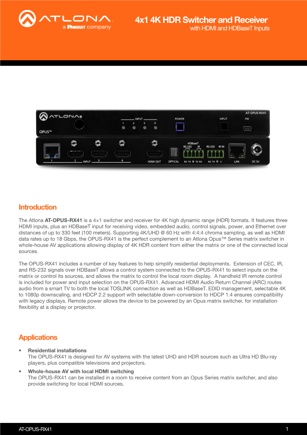4X1 4K HDR Switcher and Receiver with HDMI and Hdbaset Inputs
