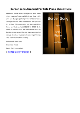 Border Song Arranged for Solo Piano Sheet Music