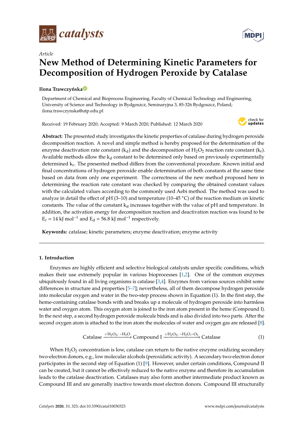 New Method of Determining Kinetic Parameters for Decomposition of Hydrogen Peroxide by Catalase